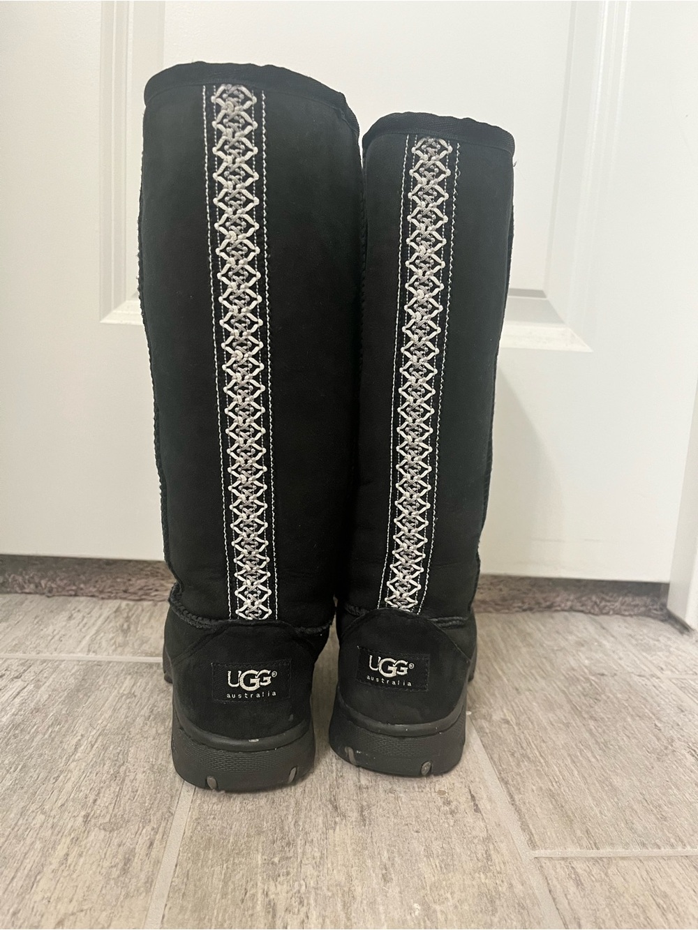 UGG Black Suede Tall Boots with Silver Embroidered Back Trim